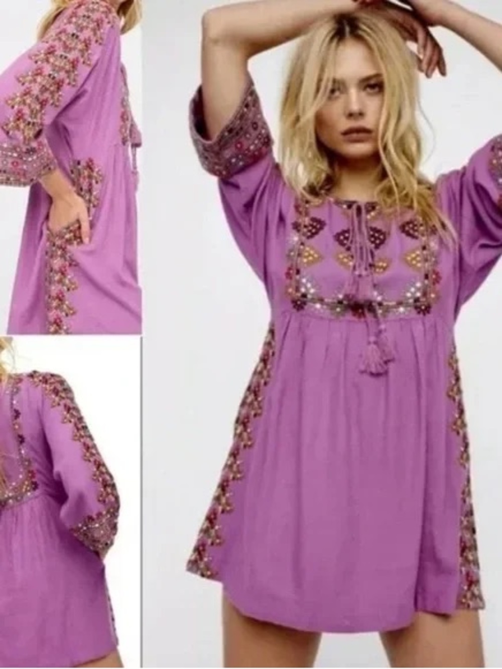 Free People Embroidered Purple Boho Mini Dress